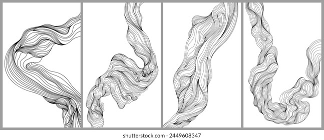 Set of monochrome abstract wavy lines hand drawn. Smoke illustration. Abstract hair.