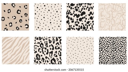 Set of monochrome animal fur seamless patterns. Abstract repeat textured background collection. Black and beige fabric design.