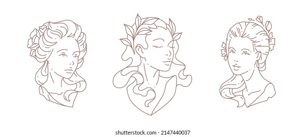 Set monochrome art deco linear woman bust decorated by flowers and tree branch in hair vector illustration. Female antique Greek goddess statue portrait minimalist lineart style icon beauty salon