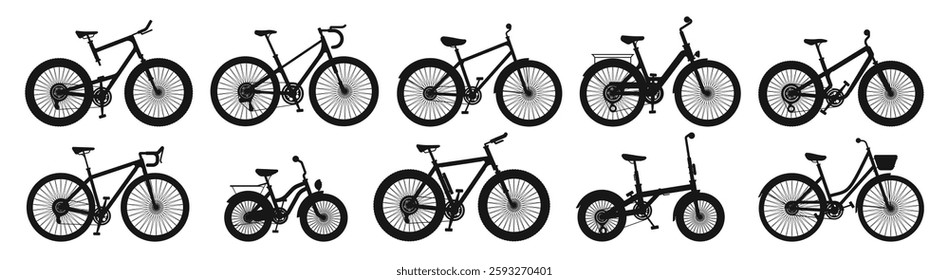 Set of monochrome bicycles for different ages. Vector isolated road and mountain eco friendly vehicles for transportation, sports and competitions. Two wheelers transport for kids and adults