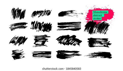 Conjunto de trazos abstractos negros monocromáticos, pinceles, texturas gruesas. Pintura dibujada a mano pinza y manchas. Líneas de pincel de tinta, gruñido. Elementos de diseño sucios, cuadros, marcos. Ilustración vectorial.