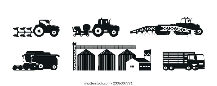 Set of Monochrome Black Icons Farm Machinery and Buildings Isolated on White Background. Tractor, Plower svg