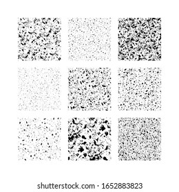 Set of monochrome, black seamless textures, patterns, backgrounds. Speckled, grain, grunge, noisy, dirty style
