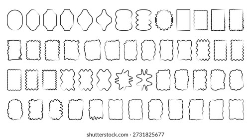Conjunto de marcos ondulados negros monocromos. Etiquetas de rectángulos mixtos y bordes suaves para resaltados de texto, bloques de título y diseños mínimos. Ilustración vectorial de siluetas de contorno irregular.