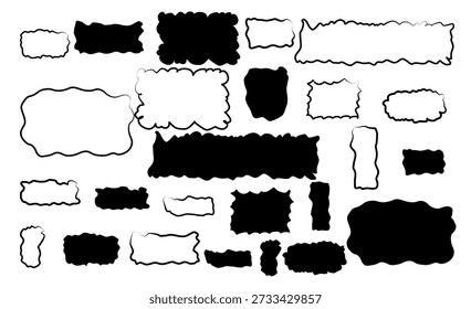Set of monochrome black wavy outlines. Irregular rectangle contours and soft edges for text frames, card borders and minimal layouts. Single line silhouette vector illustration.