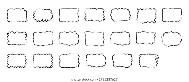 Conjunto de marcos rectangulares ondulados negros monocromos. Contornos de cuadro irregulares y bordes suaves para bloques de texto, bordes de tarjetas y acentos de diseño. Ilustración vectorial de silueta de una sola línea.