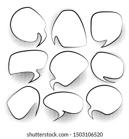 Set monochrome blank effects template comic speech bubbles halftone dot  shadows on white background. Dialog empty cloud, space for text. Creative comics book conversation chat - vector design
