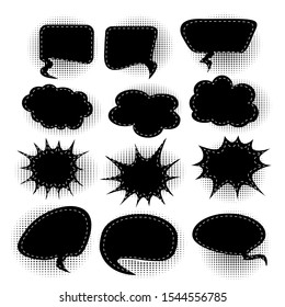 Set monochrome blank effects template comic speech bubbles halftone dot  shadows on white background. Black Dialog empty cloud, space for text. Creative comics book conversation chat 
