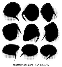 Set monochrome blank effects template comic speech bubbles halftone dot  shadows on white background. Black Dialog empty cloud, space for text. Creative comics book conversation chat 
