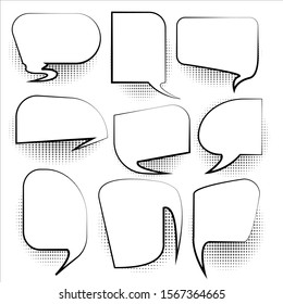 Set of monochrome blank effects template comic speech bubbles halftone dot vector background . Dialog empty cloud, space for text. Creative comics book conversation chat
