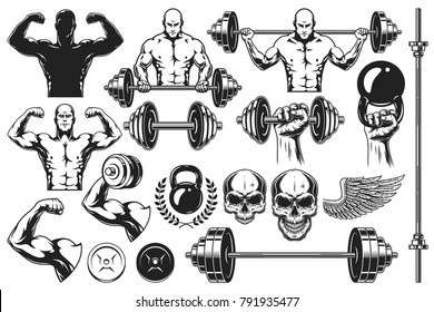 Set of monochrome bodybuilding emblem