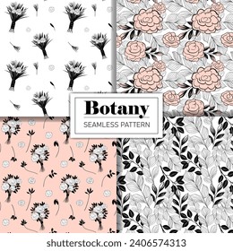 Set of monochrome botanical pattern. Seamless background with roses. Hand drawn outline floral wallpaper
