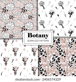 Set of monochrome botanical pattern. Seamless background with roses. Hand drawn outline floral wallpaper