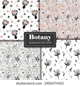 Set of monochrome botanical pattern. Seamless background with roses. Hand drawn outline floral wallpaper