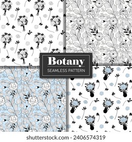 Set of monochrome botanical patterns. Seamless floral background with roses. Hand drawn outline wallpaper