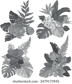 set of monochrome bouquets, floral elements isolated on white background. Vector illustration