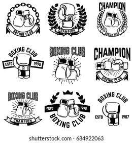 Set of monochrome boxing club emblems on white background. Design elements for logo, label, emblem, sign. Vector illustration