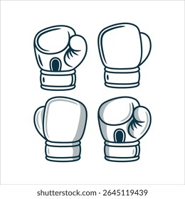 Set of monochrome boxing gloves in cartoon style. Black and white vector icons for fighting, sports design, martial arts, training posters, or retro fitness illustrations.