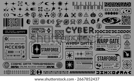 Set of monochrome brutalist cyber labels and futuristic interface symbols with Y2K retrofuturistic aesthetic, including warning signs, cosmic emblems and digital codes