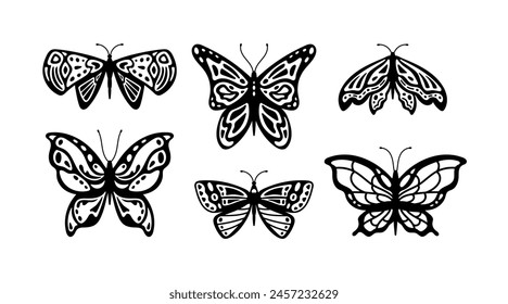 Set of monochrome butterfly stickers in seventies style. Silhouette tattoo symbol. Abstract linear insects, black graphic, vintage isolated vector illustration. Outline ornament. Scrapbook clipart