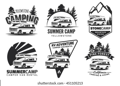 Set of monochrome camper van car logo, emblems and badges isolated on white background. Recreational vehicle and camping design elements.