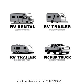 Set of monochrome camper van car logo. Recreational vehicle and camping design elements. Vector illustration.