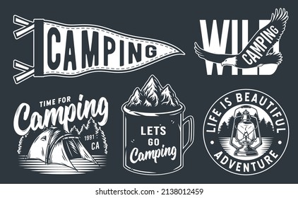 Set of monochrome camping and travel emblems, including campfire, flag, wood, lantern, forest