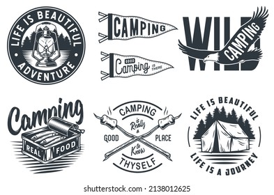 Set of monochrome camping and travel emblems, including campfire, flag, wood, lantern, forest
