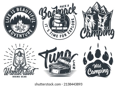 Set of monochrome camping and travel emblems, including campfire, flag, wood, lantern, forest