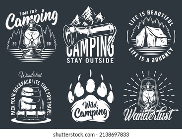 Set of monochrome camping and travel emblems, including campfire, flag, wood, lantern, forest