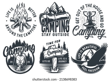 Set of monochrome camping and travel emblems, including campfire, flag, wood, lantern, forest