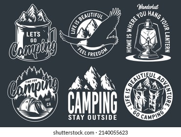 Set of monochrome camping and travel emblems, including campfire, flag, wood, lantern, forest