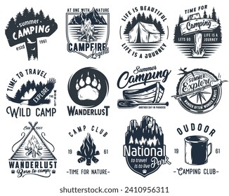 Set of monochrome camping and travel emblems, including campfire, flag, wood, lantern, forest