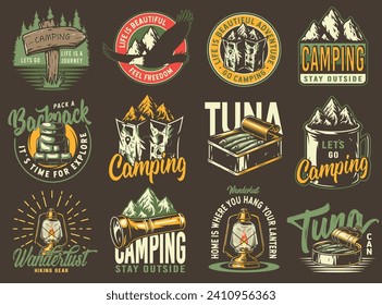Set of monochrome camping and travel emblems, including campfire, flag, wood, lantern, forest