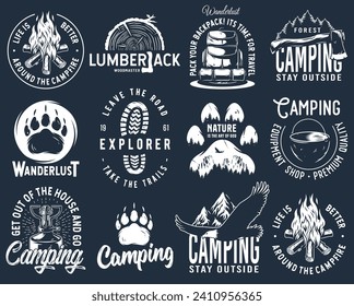 Set of monochrome camping and travel emblems, including campfire, flag, wood, lantern, forest