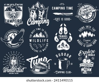 Set of monochrome camping and travel emblems, including campfire, flag, wood, lantern, forest