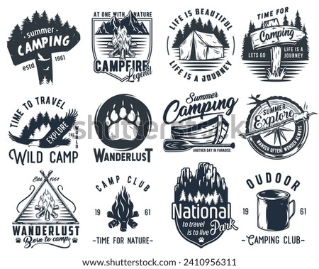 Set of monochrome camping and travel emblems, including campfire, flag, wood, lantern, forest