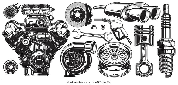Set of monochrome car repair service elements isolated on white background.