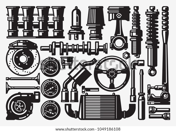 Set of monochrome car repair service elements.
Automobile parts.
