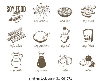 Set of monochrome cartoon soy food illustrations - milk, sauce, meat, tofu, miso and so on. Vector illustration, isolated on transparent background, eps 10.