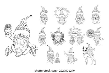 Set of monochrome Christmas gnomes isolated on white. Vector hand drawn black and white illustrations.