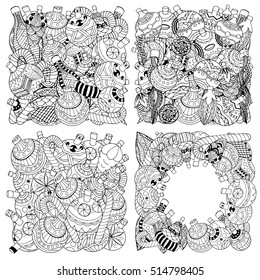 Set of Monochrome Christmas toys hand-drawn decorative elements in vector. Fancy Christmas trees, balls, stars. Pattern for coloring book. Sketch by trace. Zentangle.