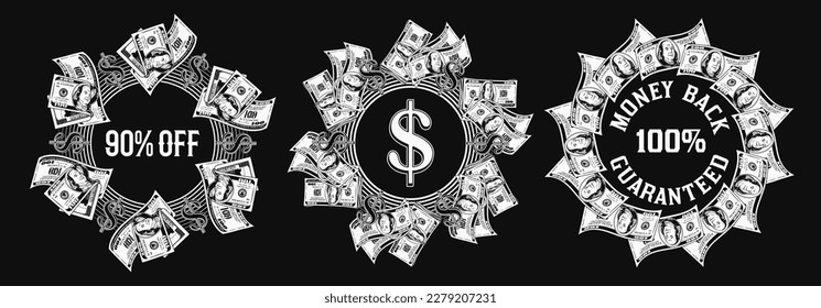 Set of monochrome circular money frames with US dollar bills, dollar sign, copy space. Logo, emblem, badge for advertisement, sale, offer, discount, winner award, congratulations. Black background.