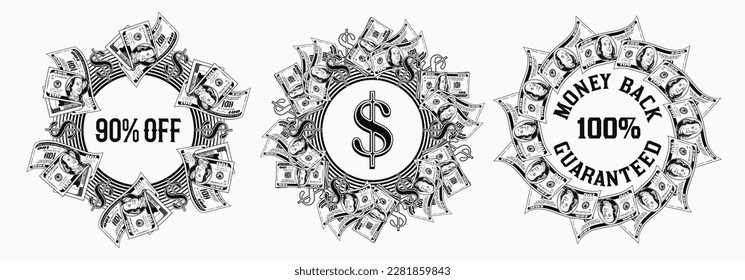 Set of monochrome circular money frames with US dollar bills, dollar sign, copy space. Logo, emblem, badge for advertisement, sale, offer, discount, winner award, congratulations. White background.