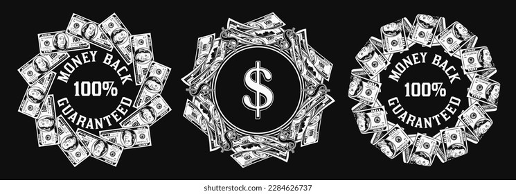 Set of monochrome circular money frames with US dollar bills, copy space, dollar sign. Logo, emblem, badge for advertisement, sale, offer, discount, winner award. Black background.