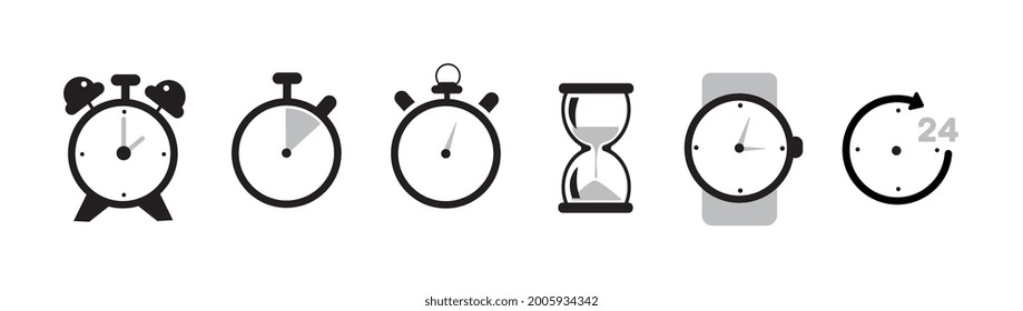 Set of monochrome clocks alarm clocks and stopwatches vector icon isolated on white background. Flat style illustration.