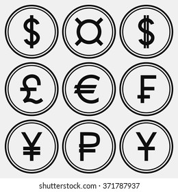 Set of monochrome coin-like icons with different currency symbols