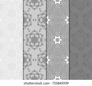 Set of Monochrome color decorative wallpaper. Seamless Geometric pattern with floral ornament. Vector illustration