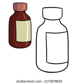 Set of Monochrome and color pictures, brown glass medicine bottle, glass jar with label, vector