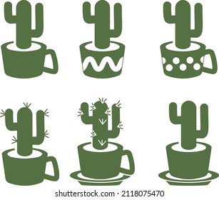 Conjunto de cactus de dibujo simples de color monocromo en tazas y macetas